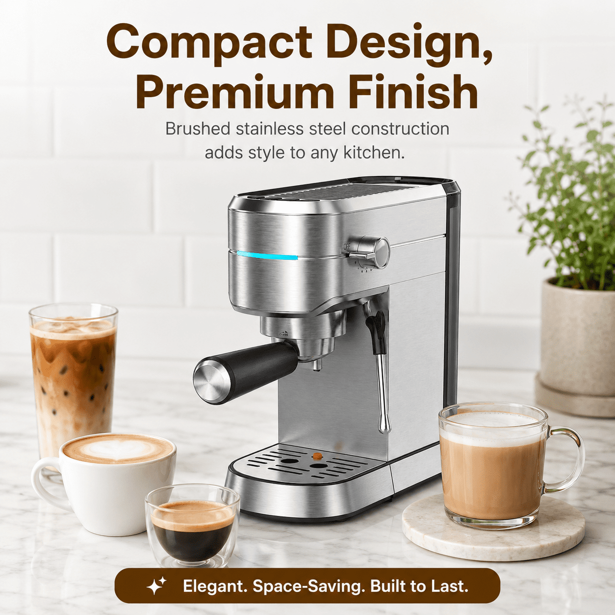 NICWIN Espresso Machine 15 Bar Compact Espresso Maker with Milk Frother Wand, 1350W Fast Heating Stainless Steel Coffee Machine for Espresso, Latte, Cappuccino, 7.3 Inch Wide